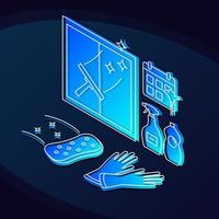 Cleaning services isometric color vector illustration. Housekeeping linear icons infographic. House cleaning equipment 3d concept. Sponge, detergents, gloves web design on dark blue background