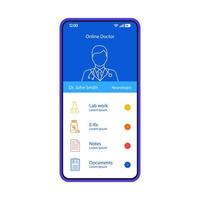 Plantilla de vector de interfaz de teléfono inteligente de perfil médico en línea. diseño de diseño azul de la página de la aplicación móvil. cita virtual, consulta, pantalla de prescripción de medicamentos. interfaz de usuario plana para la aplicación. pantalla del teléfono