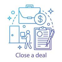 Close a deal concept icon. Transaction making idea thin line illustration. Customer relationship management. CRM system software. E commerce. Vector isolated outline drawing