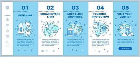 Oral hygiene routine onboarding mobile web pages vector template. Teeth care. Responsive smartphone website interface idea with linear illustrations. Webpage walkthrough step screens. Color concept