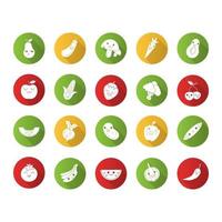 Vegetables and fruits cute kawaii flat design long shadow glyph characters set. Watermelon and banana with smiling faces. Funny emoji, emoticon, smile. Vector isolated silhouette illustration