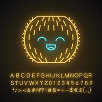 Barrel cactus cute kawaii neon light character. Cactus with smiling face. Echinocactus wild cacti. Funny emoji, emoticon. Glowing icon with alphabet, numbers, symbols. Vector isolated illustration