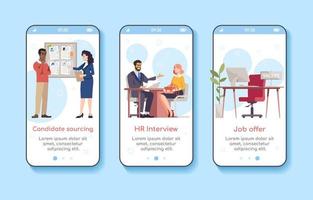 Employment service onboarding mobile app screen vector template. Candidate sourcing, HR interview, job offer. Walkthrough website steps with flat characters. UX, UI, GUI smartphone cartoon interface