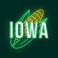 Iowa vintage 3d vector lettering. Retro bold font, typeface. Pop art stylized text. Old school style neon light letter. 90s, 80s poster, banner typography design. Dark green color background with corn