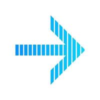 Striped blue arrow flat design long shadow color icon. Arrowhead indicating rightward. Direction pointer. Navigation indicator sign. Cursor symbol. Orientation arrow. Vector silhouette illustration