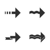 Forward arrows glyph icons set. Dotted, folding, next, forward arrows. Rightward direction. Indicating arrowhead. Navigation symbol. Pointing sign. Silhouette symbols. Vector isolated illustration