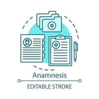 icono del concepto de anamnesis del paciente. Ilustración de línea fina de idea de servicio clínico. terapia. historial de casos, pruebas, recetas médicas. base de datos de salud. dibujo de contorno aislado vectorial. trazo editable vector