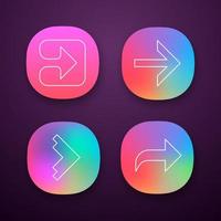 Arrow types app icons set. Forward, right, curved and geometric arrows. Motion indexer, indicator. Next arrow. UI UX user interface. Web or mobile applications. Vector isolated illustrations