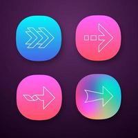 Arrows app icons set. Double, dotted, twisted, wide next arrows. Arrowhead showing right direction. Pointing symbol. UI UX user interface. Web or mobile applications. Vector isolated illustrations