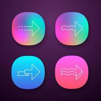 Forward arrows app icons set. Dotted, wavy, folding next, forward arrows. Rightward direction. Arrowhead pointing right. UI UX user interface. Web or mobile applications. Vector isolated illustrations