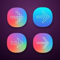 Arrow types app icons set. Pixel, shaped, dashed, striped next, forward arrow. Arrowhead showing right direction. Next. UI UX user interface. Web or mobile applications. Vector isolated illustrations