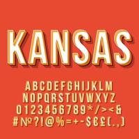 Kansas vintage 3d vector lettering. Retro bold font, typeface. Pop art stylized text. Old school style letters, numbers, symbols, elements pack. 90s, 80s poster, banner. Red color background