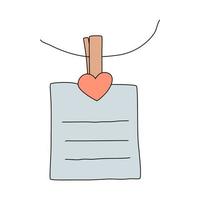 Memo note with heart shaped clip vector illustration. Sheet of paper tack with paperclip. Reminder hand drawn sketch.