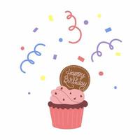 Cupcake decorated with cookie and happy birthday greeting with confetti on background. Holiday dessert vector illustration. Template for poster, card, advertising.