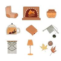 Autumn elements set doodle vector illustration. Fall season symbols collection. Hygge concept.