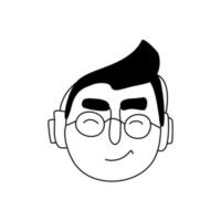 Ilustración de dibujado a mano de línea de rostro masculino. chico con gafas y retrato de auriculares. diseño de personaje vector