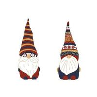 pequeños gnomos en gorras estampadas ilustración vectorial. dibujo de personajes de cuento de hadas. diseño de enanitos navideños.