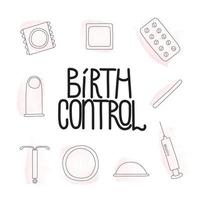 Birth control set vector illustration. World Contraception Day card with lettering.