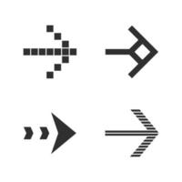 Arrow types glyph icons set. Pixel, shaped, dashed, striped next, forward arrow. Arrowhead showing right direction. Pointer sign. Navigation cursor. Silhouette symbols. Vector isolated illustration