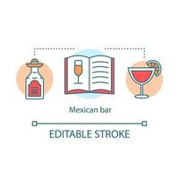 Mexican bar concept icon. Alcohol drinks, menu. Mexico traditional pub. Tequila, recipe book, cocktail idea thin line illustration. Vector isolated outline drawing. Editable stroke
