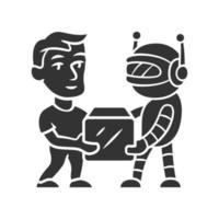 Transactional bot glyph icon. Artificial intelligence. Virtual assistance. Man and robot holding box. Modern robotic delivery service. Silhouette symbol. Negative space. Vector isolated illustration