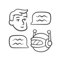 Chatbot linear icon. Customer support robot. Help service. Man chatting with bot app. Artificial intelligence. Thin line illustration. Contour symbol. Vector isolated outline drawing. Editable stroke