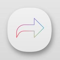 Right curved arrow app icon. Direction sign. Navigation arrowhead. Forward pointing cursor. Indicator, designator. UI UX user interface. Web or mobile applications. Vector isolated illustrations