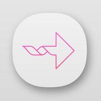 Twisted arrow app icon. Navigation pointer sign. Pointing cursor. Arrowhead indicating rightward. Motion, next. UI UX user interface. Web or mobile applications. Vector isolated illustrations