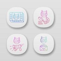 Web robots app icons set. Game, propaganda, monitoring, spam bot. Artificial intelligence. Virtual reality. Spam attack. UI UX user interface. Web or mobile applications. Vector isolated illustrations