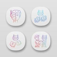 Software bot app icons set. ocialbot, transactional, impersonator robots. Artificial intelligence. Cyborgs, AI. UI UX user interface. Web or mobile applications. Vector isolated illustrations