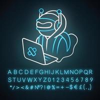 Hacker bot neon light icon. Virus robot. Cyber pirate attack, crime, cybercrime. Computer virus. Malicious software, AI. Glowing sign with alphabet, numbers and symbols. Vector isolated illustration