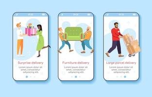 Delivery service onboarding mobile app screen template. Surprise, furniture, large parcel courier express delivery. Walkthrough website with flat characters. UX, UI, GUI smartphone cartoon interface vector