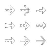 Arrows linear icons set. Wavy, pixel, folding, striped, dashed next arrows. Indicator sign. Arrowheads pointing right. Thin line contour symbols. Isolated vector outline illustrations. Editable stroke