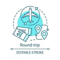 Round-trip concept icon. Return ticket idea thin line illustration.Travelling by plane, airplane trip. Aircraft flight path. Plane taking off, landing. Vector isolated outline drawing. Editable stroke