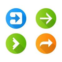 Arrow types flat design long shadow glyph icons set. Forward, right, curved and geometric arrows. Arrowhead in square indicating rightward. Motion indicator. Next arrow. Vector silhouette illustration