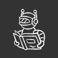 Text reading bot chalk icon. Screen reader application, translation algorithms. Virtual assistant. Robot with book. Software app. Speech synthesizer. Isolated vector chalkboard illustration