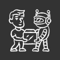 Transactional bot chalk icon. Artificial intelligence. Virtual assistance. Partner bot. Man and robot holding box. Robotic delivery service. Database updating. Isolated vector chalkboard illustration