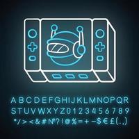 Game bot neon light icon. Artificial intelligence software algorithms. Virtual reality. Non-player character. NPC. Glowing sign with alphabet, numbers and symbols. Vector isolated illustration