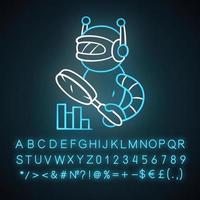 Monitoring bot neon light icon. Machine learning. Artificial intelligence. Internet robot with magnifying glass. Glowing sign with alphabet, numbers and symbols. Vector isolated illustration