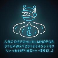 Informational bot neon light icon. Artificial intelligence. Access to data. Machine learning, software application. Glowing sign with alphabet, numbers and symbols. Vector isolated illustration