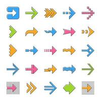 Arrow types color icons set. Wavy, notched, striped double, arrowheads. Dotted, twisted, dashed next arrows. Right pointing sign. Navigation symbol. Direction move. Isolated vector illustrations