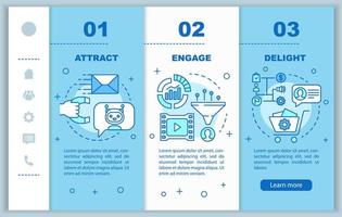 Inbound marketing method for customers onboarding mobile web pages vector template. Responsive smartphone website interface idea with linear icons. Webpage walkthrough step screens. Color concept