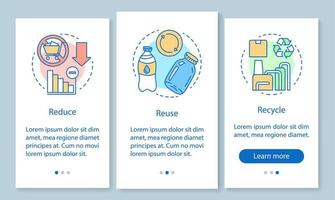 Waste management onboarding mobile app page screen with linear concepts. Zero waste life, reduce, reuse, recycle walkthrough steps graphic instructions. UX, UI, GUI vector template with illustrations