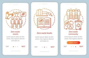 plantilla de vector de pantalla de página de aplicación móvil de incorporación de cero residuos educativos. Pasos del sitio web de tutorial de estilo de vida ecológico con ilustraciones lineales. concepto de interfaz de teléfono inteligente ux, ui, gui