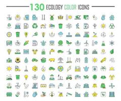 Ecology color icons big set. Ecology global care, nature protection, alternative power resources, energy saving technologies. Ecological industry and agriculture. Isolated vector illustrations
