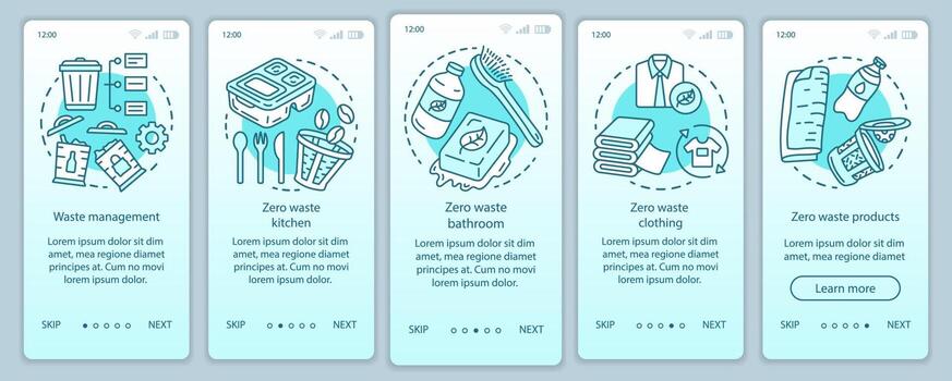 cero desperdicio estilo de vida onboarding onboarding plantilla de vector de pantalla de página de aplicación móvil. Pasos del sitio web del tutorial de gestión de residuos con ilustraciones lineales. concepto de interfaz de teléfono inteligente ux, ui, gui