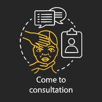 Come to consultation chalk icon. Medical check up. Surgery center. Physical examination. Medical practitioner. Plastic surgery center. Isolated vector chalkboard illustration