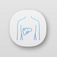 Ill liver app icon. Hepatitis, cirrhosis. Sore human organ. Unhealthy digestive gland. Gastrointestinal tract. UI UX user interface. Web or mobile applications. Vector isolated illustrations