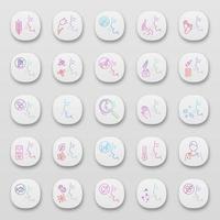 Allergies app icons set. Respiratory, skin, food sensitivity. Allergen sources. Allergic disease. Medical health care. UI UX user interface. Web or mobile applications. Vector isolated illustrations