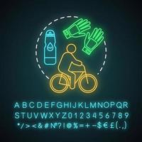 Bike ride neon light concept icon. Family activities with kids idea. Cycling. Local park visiting. Active form of recreation. Glowing sign, alphabet, numbers, symbols. Vector isolated illustration